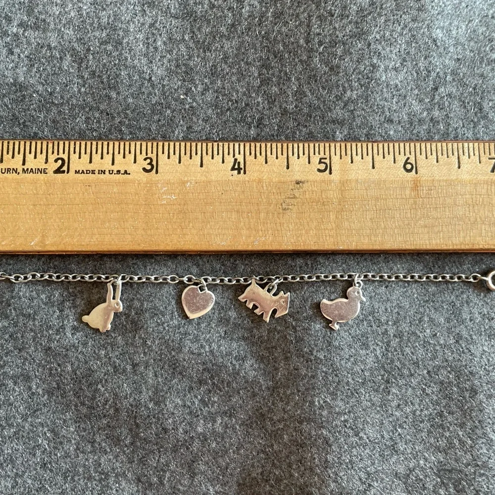 Lenore Doskow Handmade Sterling Silver Antique Charm Bracelet w Animals & Heart!